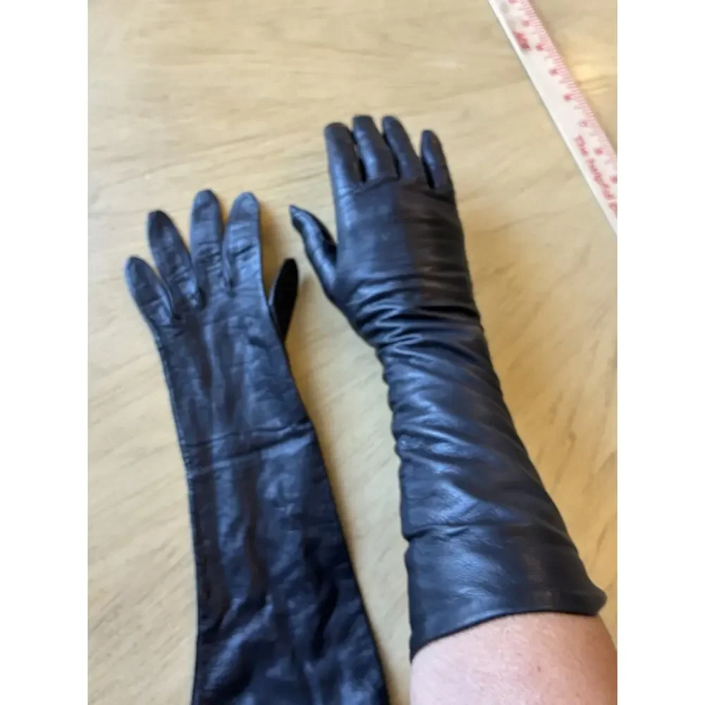 Vtg 50s Black REAL KIDSKIN Leather Gloves Sz 7 Belgium Opera Silk Lined Long 14”